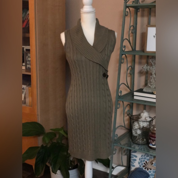 Calvin Klein Sleeveless Shawl Collar Lt Brown Cable Knit Sweater Dress Size S/P - Picture 1 of 6